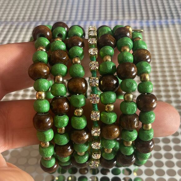 Vintage Memory Wire Bangle Bracelet Wrap Wooden Beaded Rhinestones B#14 - Picture 6 of 9